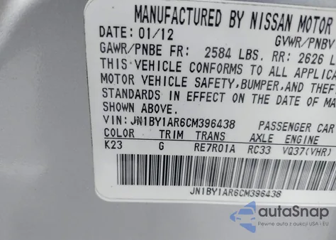 2012 Infiniti M37X z USA, uszkodzony, nr VIN JN1BY1AR6CM396438